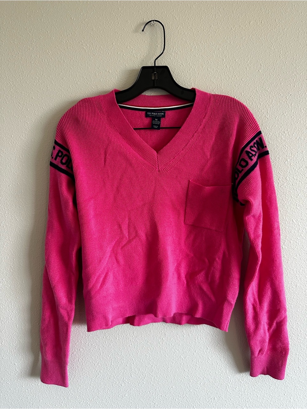 U.S. Polo Assn. Hot Pink V-Neck Pocket Sweater with Logo Sleeve
